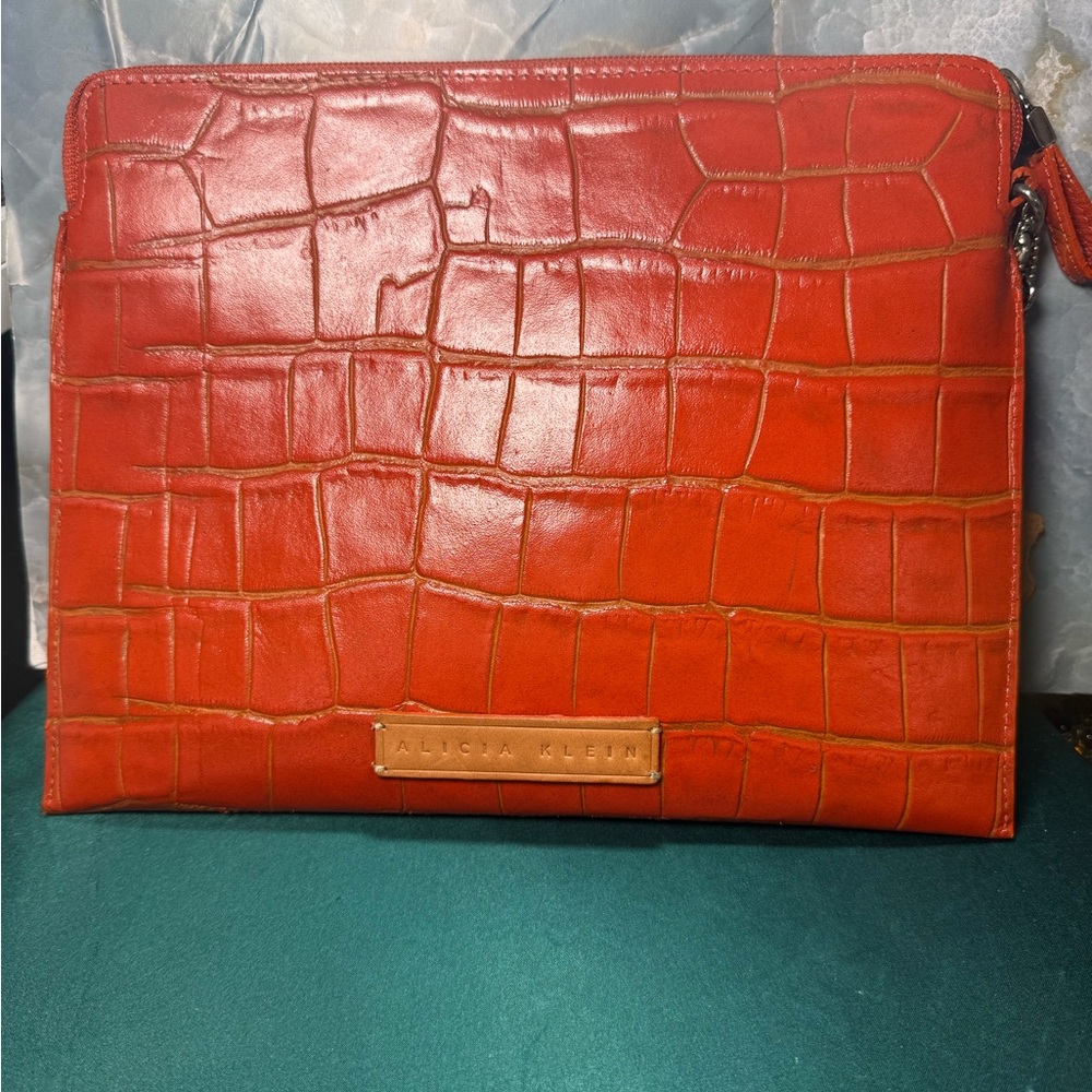 Alicia Klein Croc Embossed Leather Clutch Orange Oversized Zip Pouch